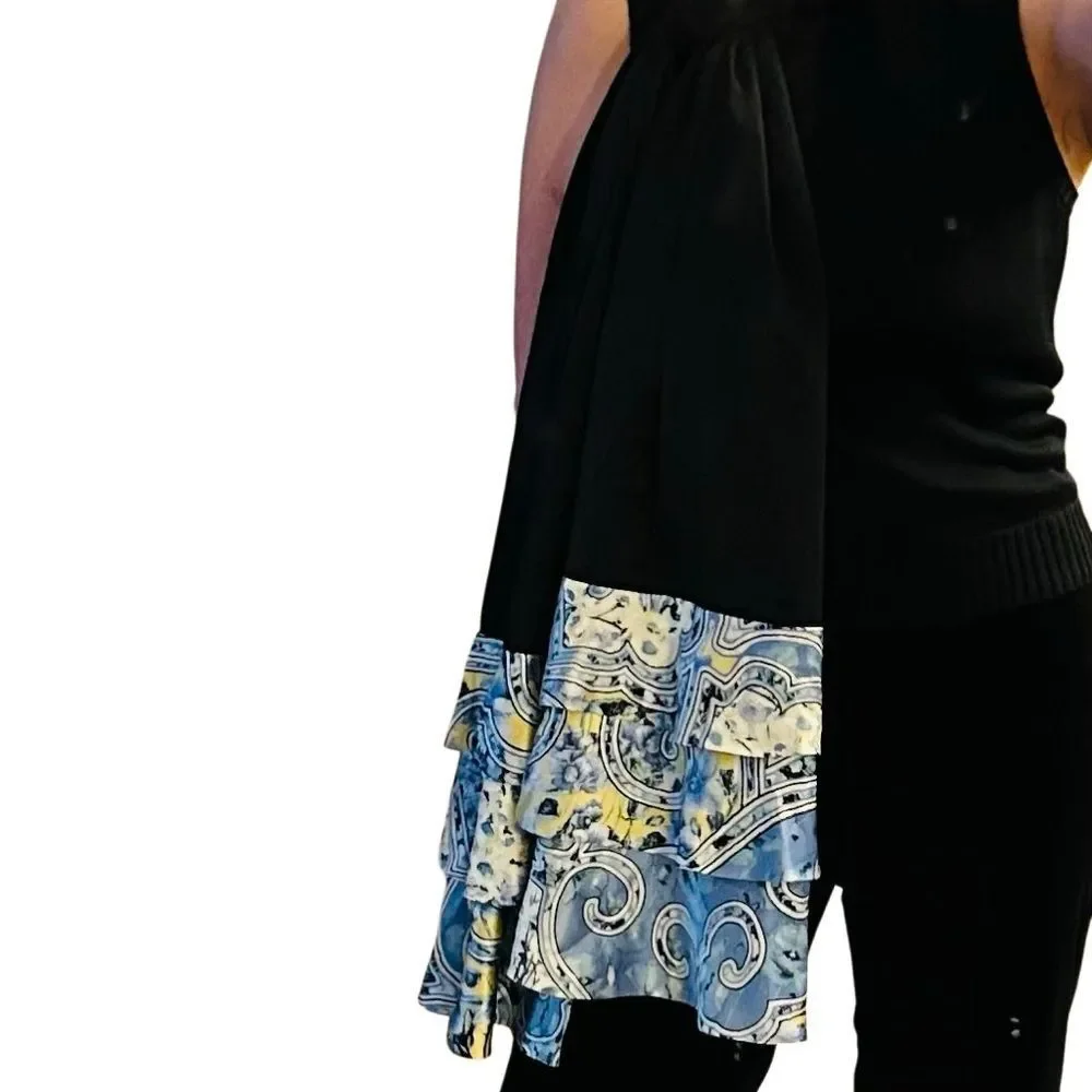 Carlisle Elegant Black Silk Cape Scarf Wrap Blue White Floral Paisley Hem Ruffle